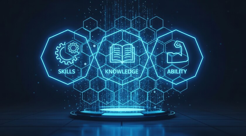 three wairds in hectagons, skills, knowledge, and ability